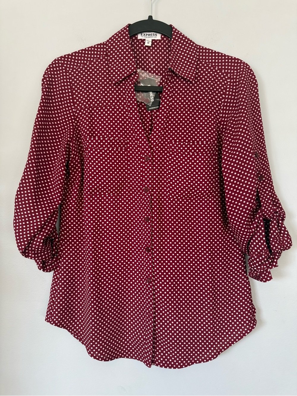 Express The Portofino Shirt Burgundy Polka Dot Button Front Blouse Size XS